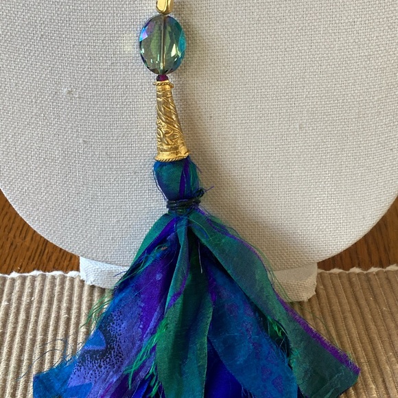 Boho Recycled Sari Silk Tassel Necklace w Czech Pressed Glass in Blues & Pinks - Picture 2 of 9